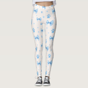 Blue Ribbon, Heart & Paw Print Pattern on White Leggings