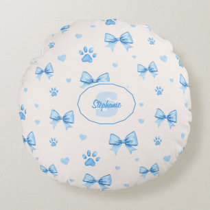 Blue Ribbon, Heart & Paw Print Pattern on White Round Pillow