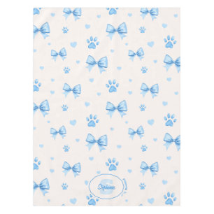Blue Ribbon, Heart & Paw Print Pattern on White Tablecloth