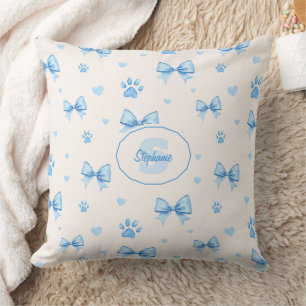 Blue Ribbon, Heart & Paw Print Pattern on White Throw Pillow