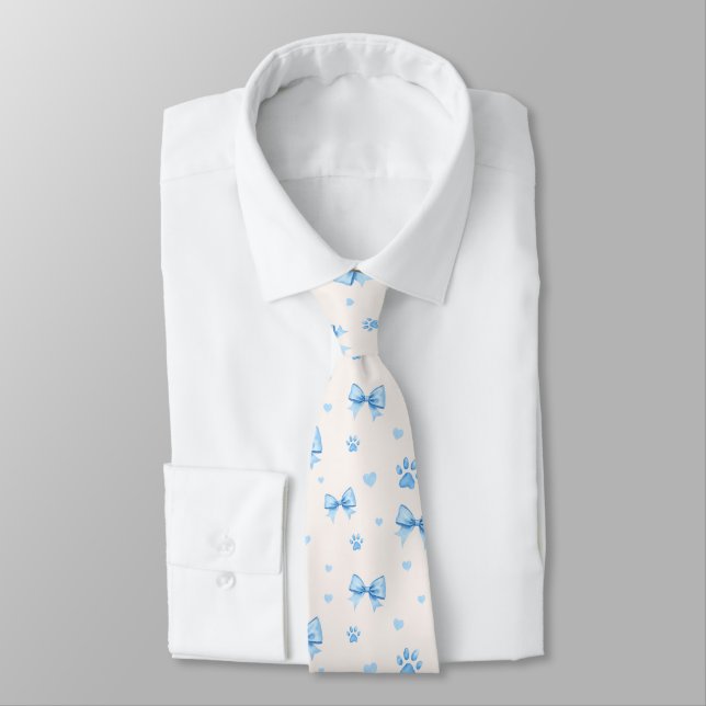 Blue Ribbon, Heart & Paw Print Pattern on White Tie (Tied)