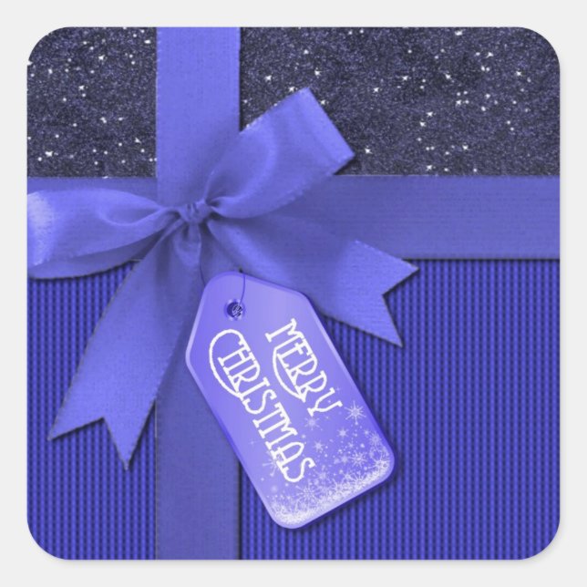 Blue Ribbon Merry Christmas Gift Square Sticker (Front)