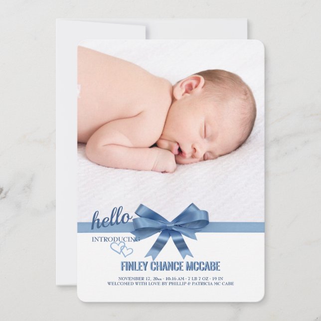 Blue Ribbon Photo Birth Announcement (Front)
