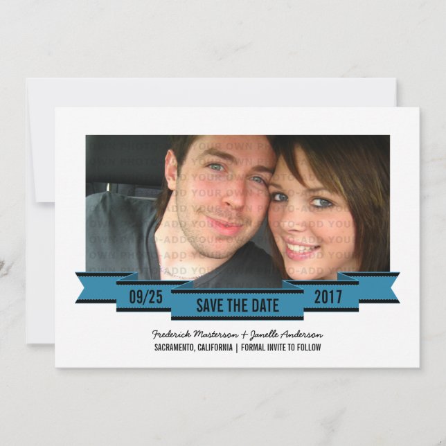 Blue Ribbon Photo Save the Date Invite (Front)