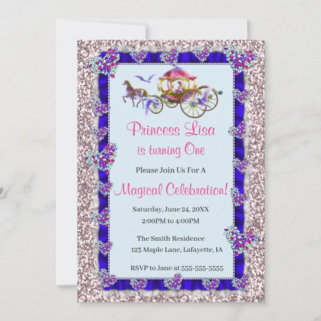 Blue Ribbon Pink Glitter Royal Princess Birthday Invitation (Front)