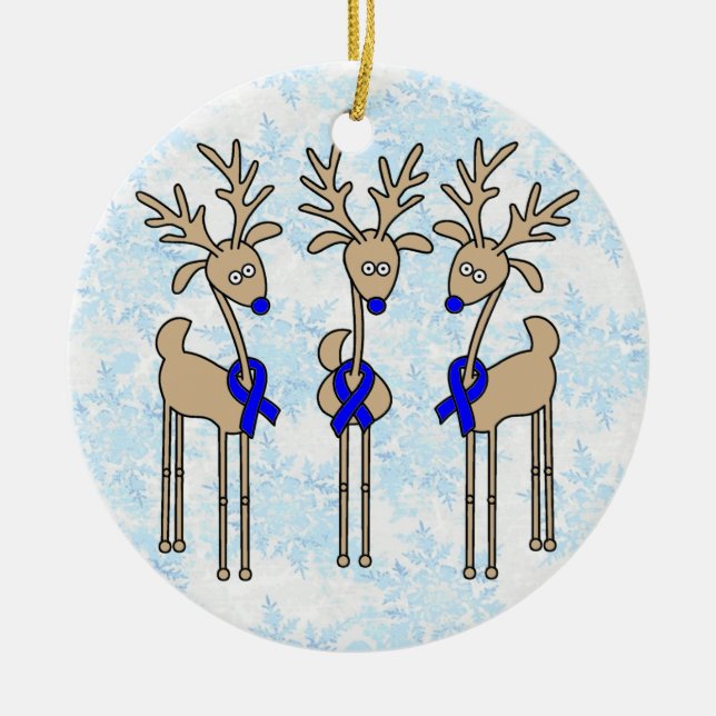 Blue Ribbon Reindeer (Colon Cancer) Ceramic Ornament (Front)