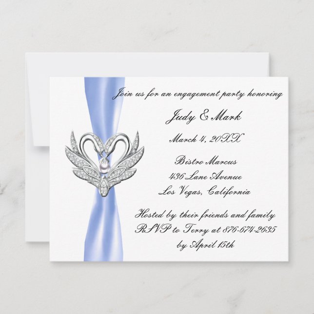 Blue Ribbon Silver Swans Engagement Party Invite (Front)