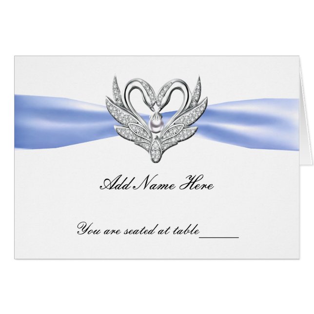 Blue Ribbon Silver Swans Folded Table Place Card (Front Horizontal)