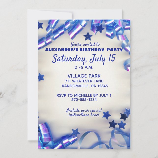 Blue Ribbon & Stars Confetti 12th Birthday Party Invitation (Back)
