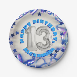 Blue Ribbon & Stars Confetti 13th Birthday Party Paper Plate
