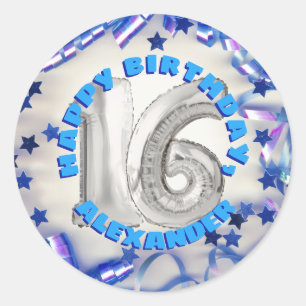 Blue Ribbon & Stars Confetti 16th Birthday Party Classic Round Sticker