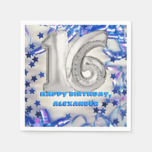 Blue Ribbon & Stars Confetti 16th Birthday Party Napkin