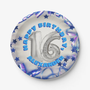 Blue Ribbon & Stars Confetti 16th Birthday Party Paper Plate