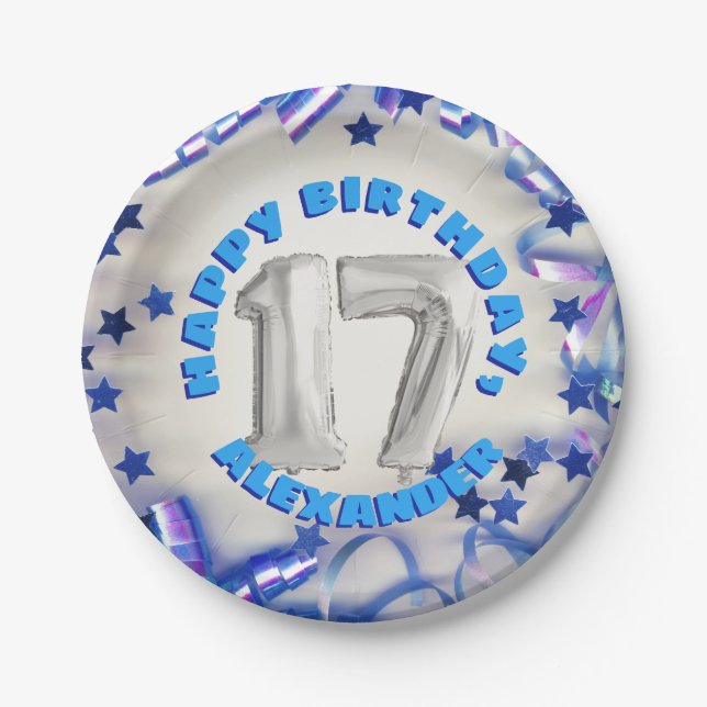 Blue Ribbon & Stars Confetti 17th Birthday Party Paper Plate (Front)