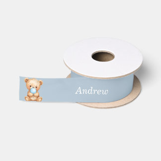 Blue Ribbon Teddy Bear with Custom Name Satin Ribbon