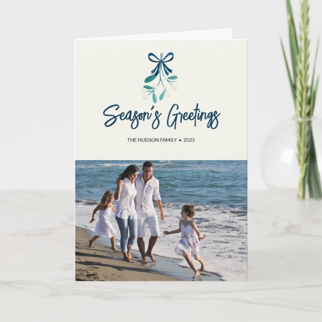 Blue Ribbon tied Mistletoe Card (Front)