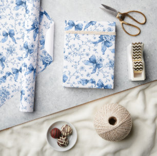 Blue Ribbons and Bows Toile Coquette Pattern  Wrapping Paper