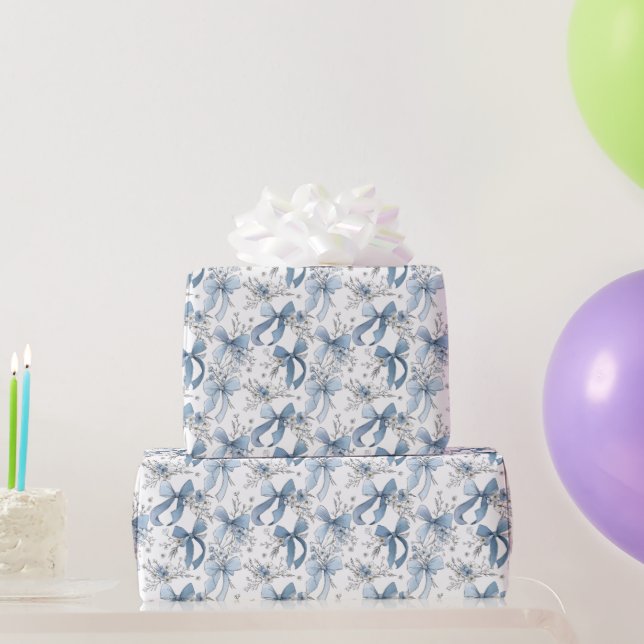Blue Ribbons and Bows Toile Coquette Pattern  Wrapping Paper (Party Gifts)