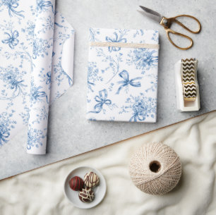 Blue Ribbons and Bows Toile Coquette Pattern  Wrapping Paper