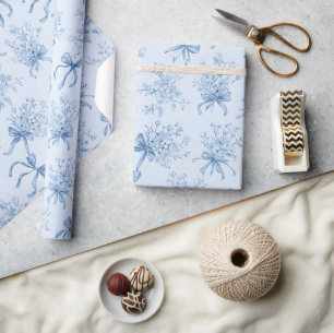 Blue Ribbons and Bows Toile Coquette Pattern  Wrapping Paper