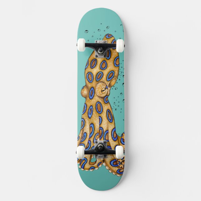 Blue Ring Octopus and the Bubbles Art Skateboard (Front)