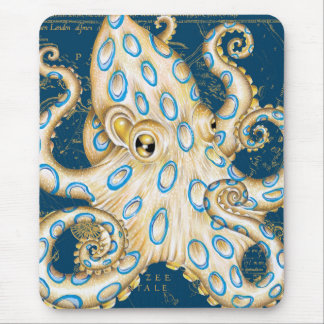 Blue Ring Octopus Indigo Vintage Map Nautical Mouse Pad