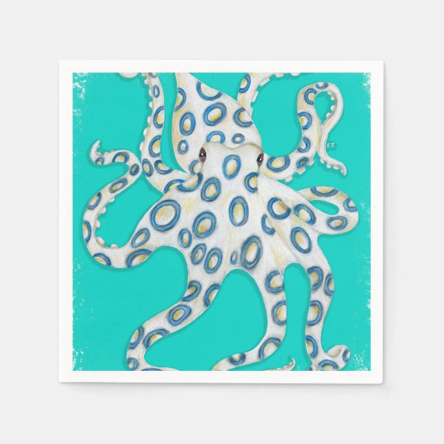 Blue Ring Octopus Teal Art Napkin (Front)