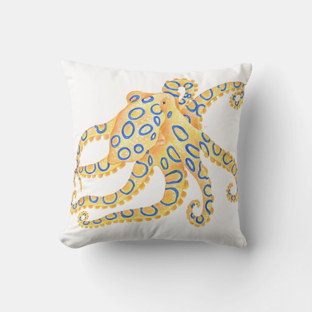 Blue Ring Octopus Throw Pillow (Front)