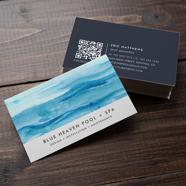 Blue Ripple | Pool Care or Swim QR Code Business Card (Creator Uploaded)