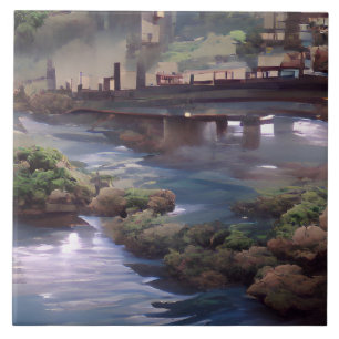 Blue river bridge digital art tile