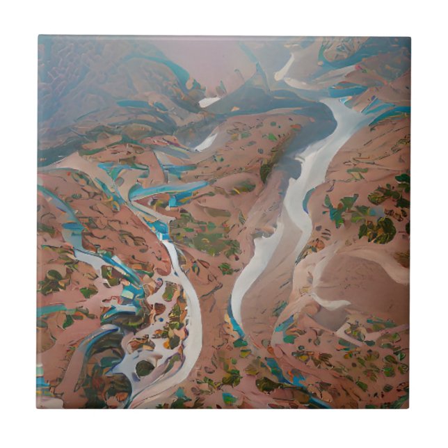 Blue rivers through brown hills digital art tile (Front)