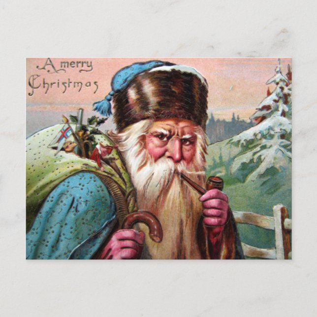 Blue Robe Santa Claus Smoking Pipe - Christmas Holiday Postcard (Front)