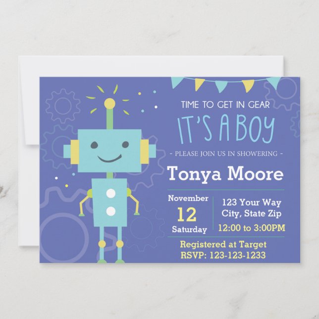 Blue Robot Baby Shower Invitation (Front)