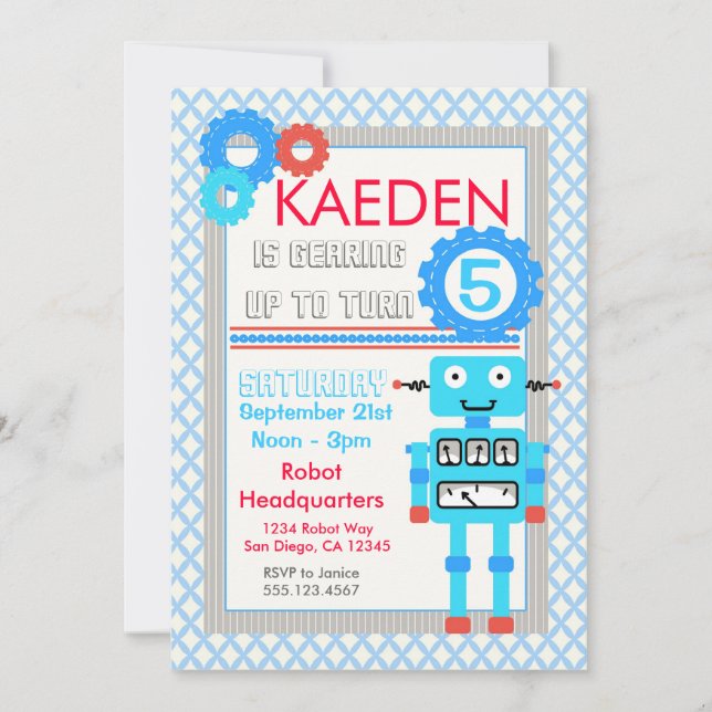 Blue Robot Birthday Invitation Modern Boys (Front)