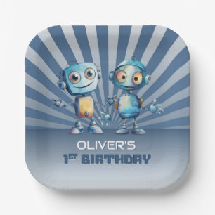 Blue Robot Theme 1st Birthday Party Paper Plate