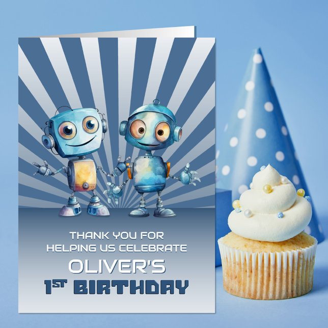 Blue Robot Theme 1st Birthday Thank You Card (Creator Uploaded)