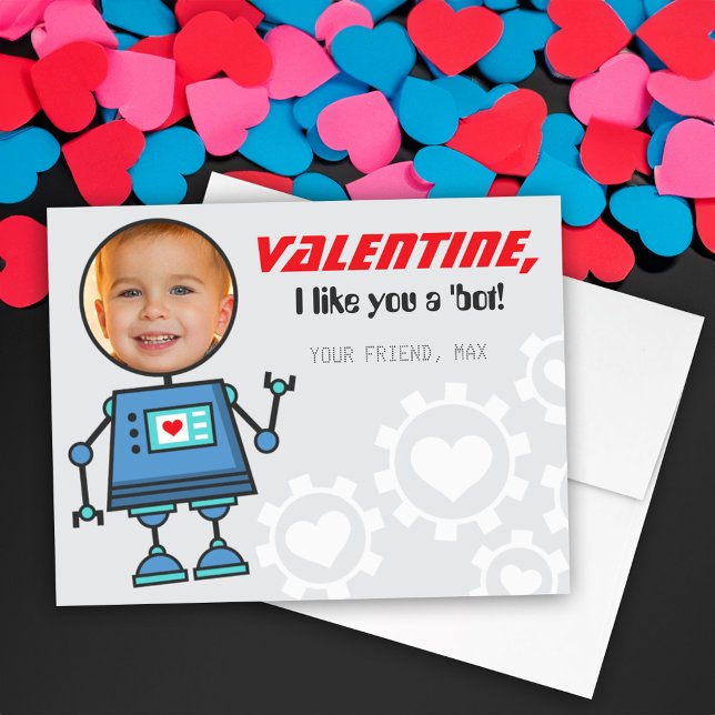 Blue Robot Valentines Day Boy Photo Classroom Holiday Card (Creator Uploaded)