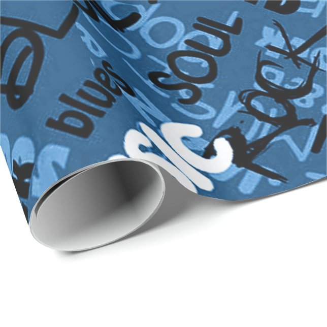 Blue Rock Pop R & B Music Text Wrapping Paper (Roll Corner)