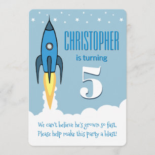 Blue Rocket Ship Outer Space Invitation d'annivers