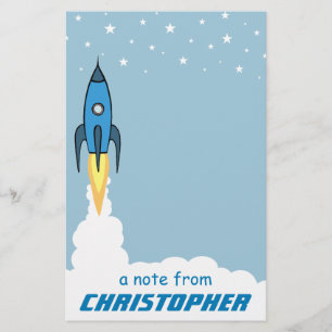 Blue Rocket Ship Outer Space Kids Monogrammed Name Stationery