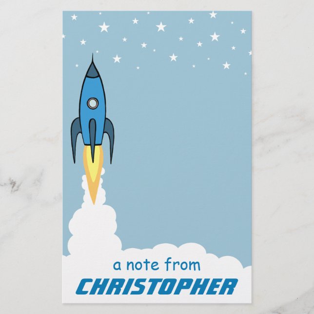Blue Rocket Ship Outer Space Kids Monogrammed Name Stationery (Front)