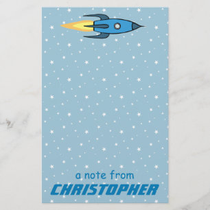 Blue Rocket Ship Outer Space Kids Personalized Boy Stationery