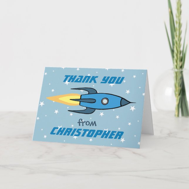 Blue Rocket Ship Outer Space Kids Thank You | Boy Card (Front)