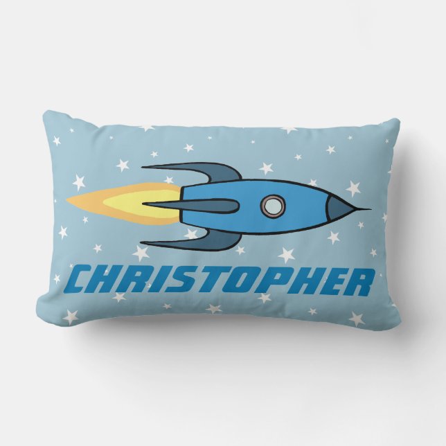 Blue Rocket Ship Outer Space Personalized Boys Lumbar Pillow (Front)