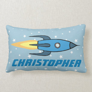 Blue Rocket Ship Outer Space Personalized Boys Lumbar Pillow