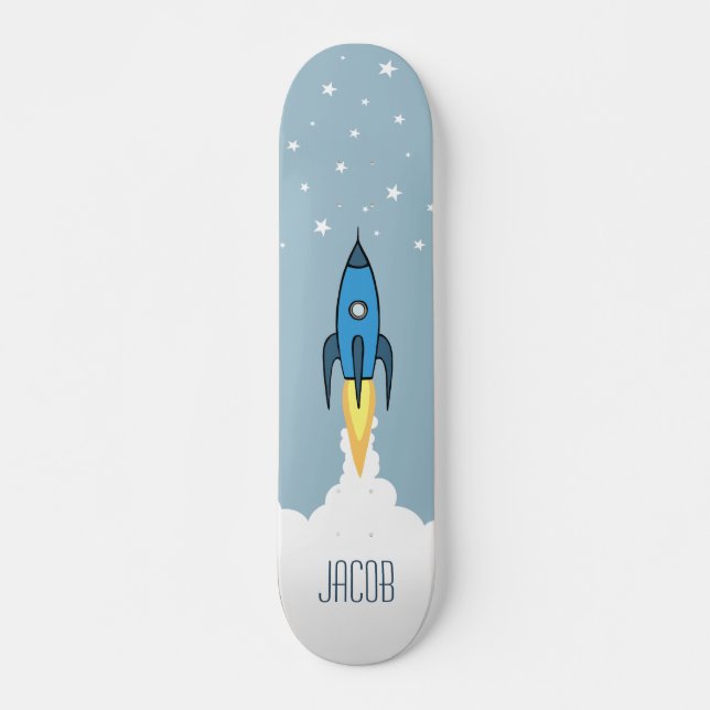 Blue Rocket Ship Outer Space Personalized Name Boy Skateboard (Front)