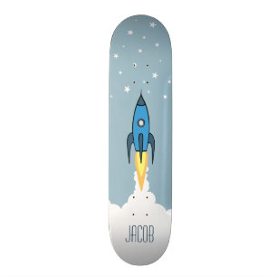 Blue Rocket Ship Outer Space Personalized Name Boy Skateboard