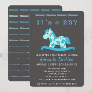 Blue Rocking Horse Baby Boy Shower Invitation