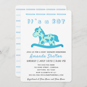 Blue Rocking Horse Baby Boy Shower Invitation