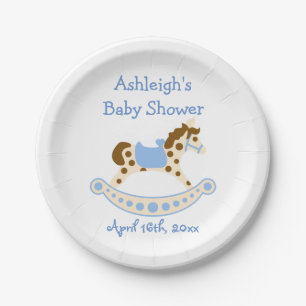 Blue Rocking Horse Baby Shower Paper Plate
